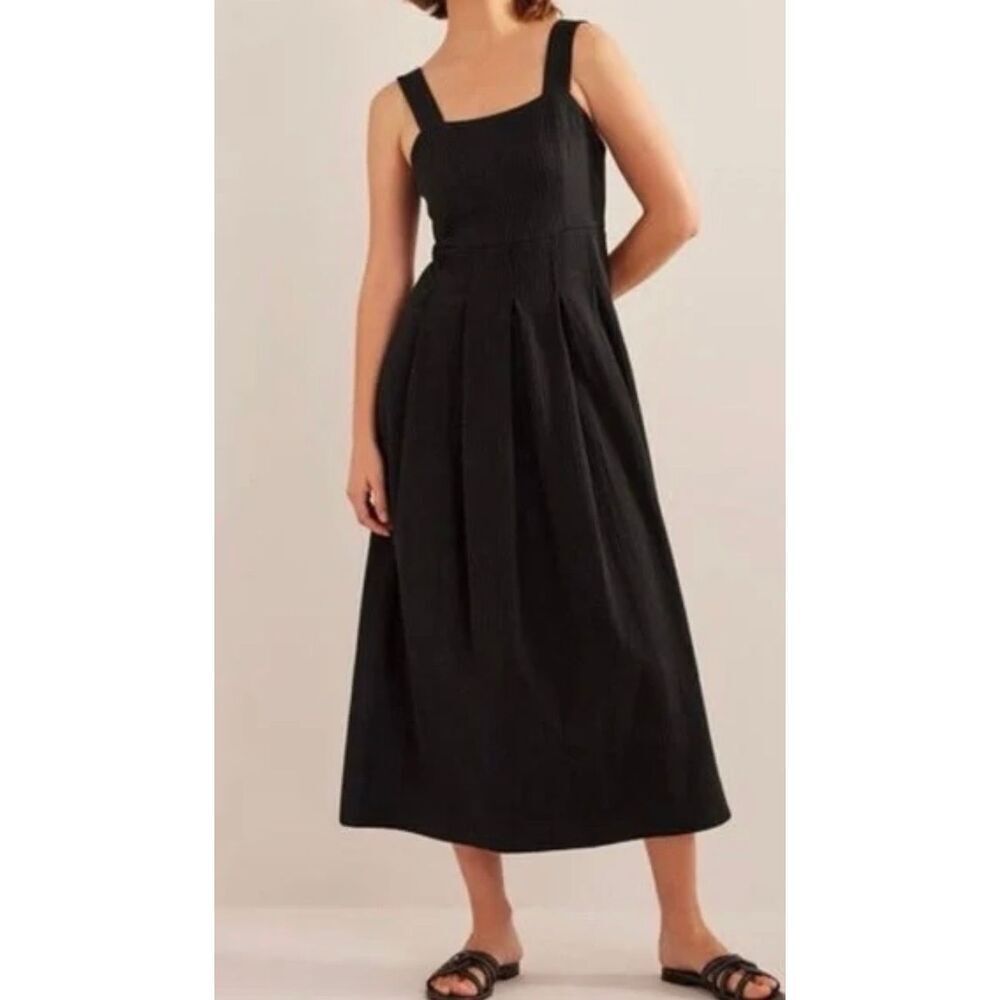 Boden Black Seersucker Square Neck Midi Dress - US 10R UK 14R - Pleated